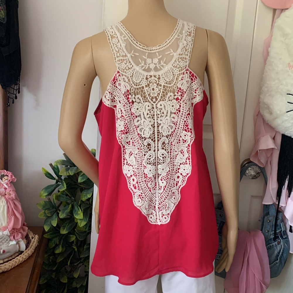 Y2K pink draped crochet backless lace tank tunic fuschia blouse top m